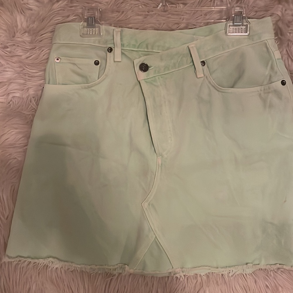AGOLDE Criss Cross Asymmetrical Distressed cute mint Green Mini Jean Denim Skirt